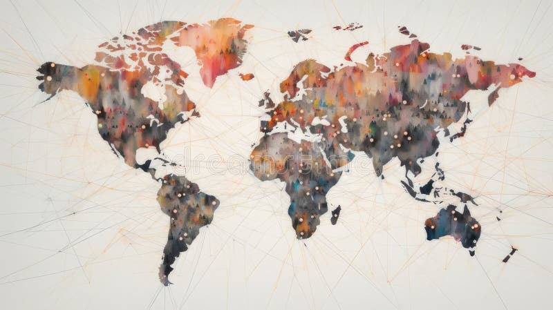 A map of the world with lines connecting major cities, illustrating the global network of communication and trade that brings people together. A map of the world with lines connecting major cities, illustrating the global network of communication and trade that brings people together