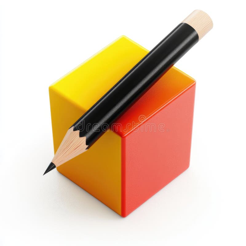 Una matita nera poggia su un cubo rosso e giallo a due zampe royalty illustrazione gratis