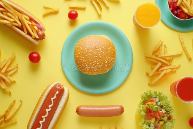 Una mesa colorida está llena de varios productos de comida rápida, como papas fritas y refrescos que crean un fotografía de archivo libre de regalías