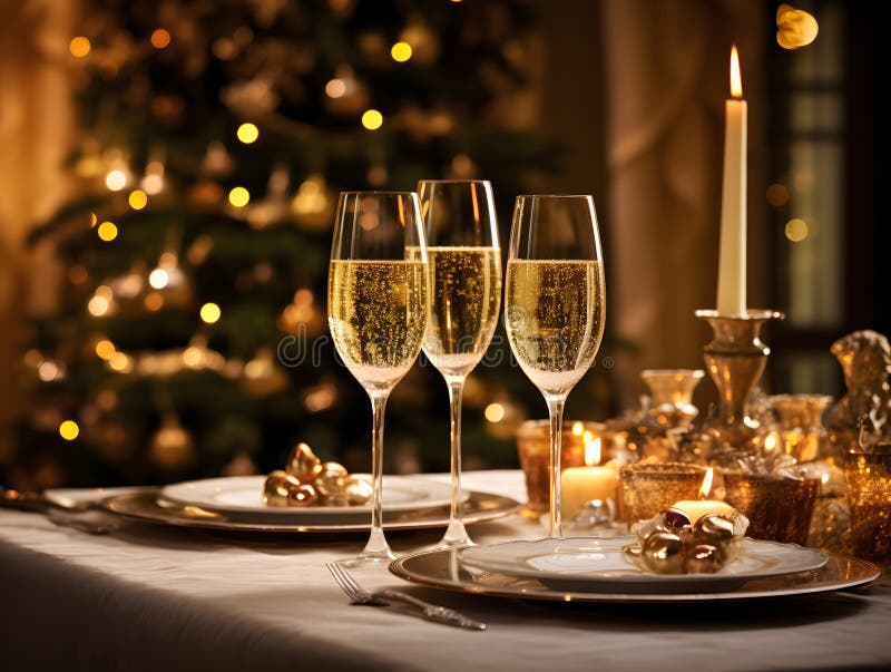 Una mesa de comedor muy bien acondicionada con una copa de champán está preparada para una fiesta de vacaciones con un árbol de na stock de ilustración
