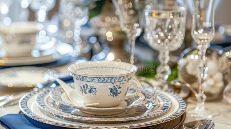 Una mesa de comedor muy bien acondicionada con vasos de cristal de porcelana fina stock de ilustración