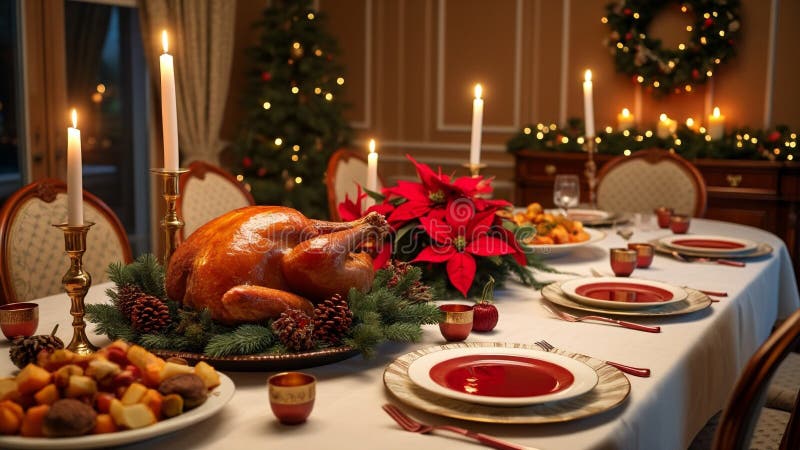 Una mesa de comedor muy bien equipada con un pavo tostado de color marrón dorado rodeado de decoraciones festivas y velas que crea stock de ilustración