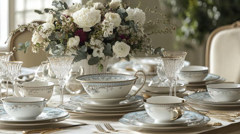 Una mesa de comedor muy bien montada con vajilla elegante y flores libre illustration