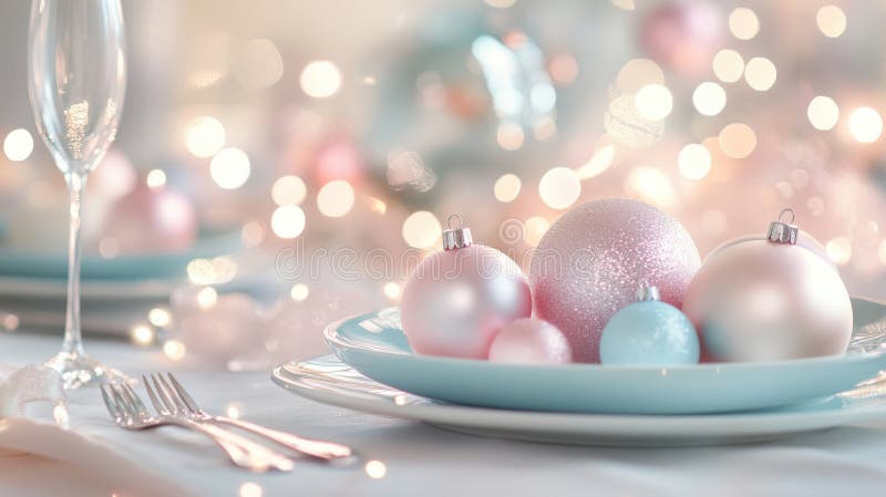 Una mesa de navidad en tonos pastel de menta rosa y azul claro adornada con delicados adornos y hada. Una mesa de navidad en tonos pastel de menta rosa y azul claro adornada con delicados adornos y luces de hadas que crean un ambiente vacacional alegre y alegre. cena navideña. generado por ai