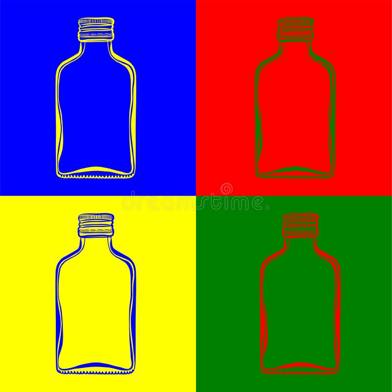 Una mini bottiglia di vodka russa su quattro bidoni blu, giallo e verde illustrazione di stock