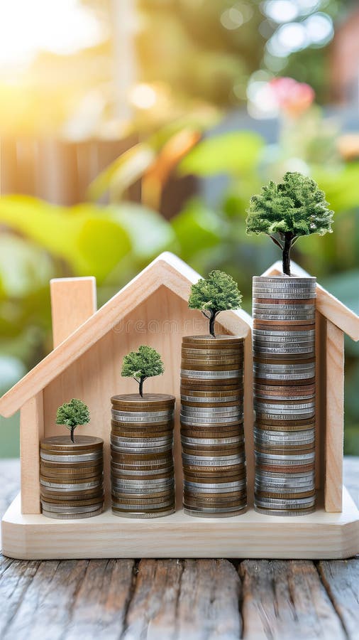Una miniatura con monete e un piccolo albero che simboleggia la crescita di carta da parati mobile verticale