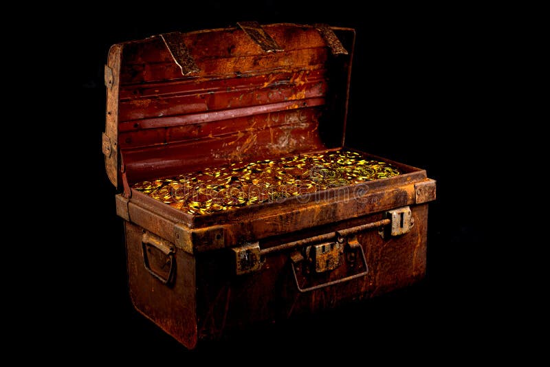 Stacking Gold Coin in treasure chest  on black background. Stacking Gold Coin in treasure chest  on black background