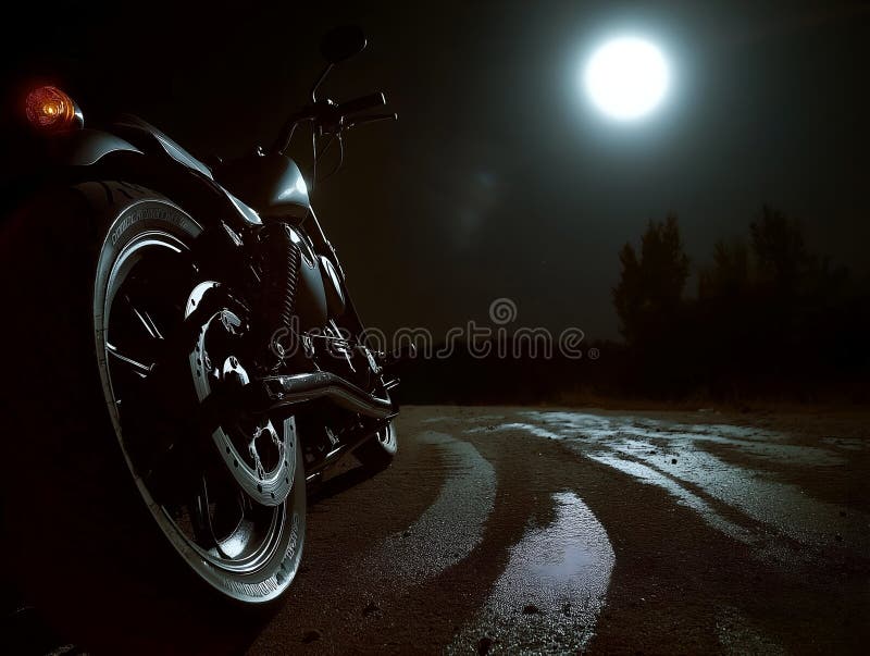 Una motocicleta en un camino húmedo por la noche con luna llena una escena de transporte urbano monótona y misteriosa stock de ilustración
