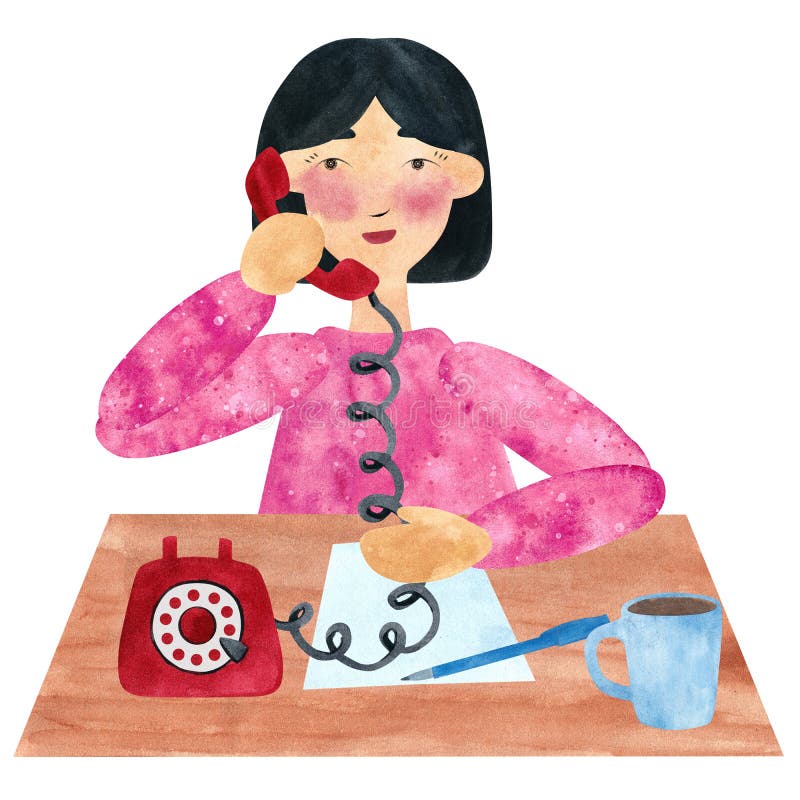 Una muchacha con el pelo recto oscuro en el rosa, hablando en el teléfono stock de ilustración Una muchacha con el pelo recto oscuro en el rosa, hablando en el teléfono stock de ilustración