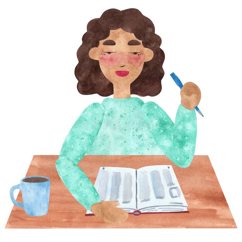 Una muchacha con el pelo recto oscuro en rosa, teniendo descanso para tomar café stock de ilustración Una muchacha con el pelo recto oscuro en rosa, teniendo descanso para tomar café stock de ilustración