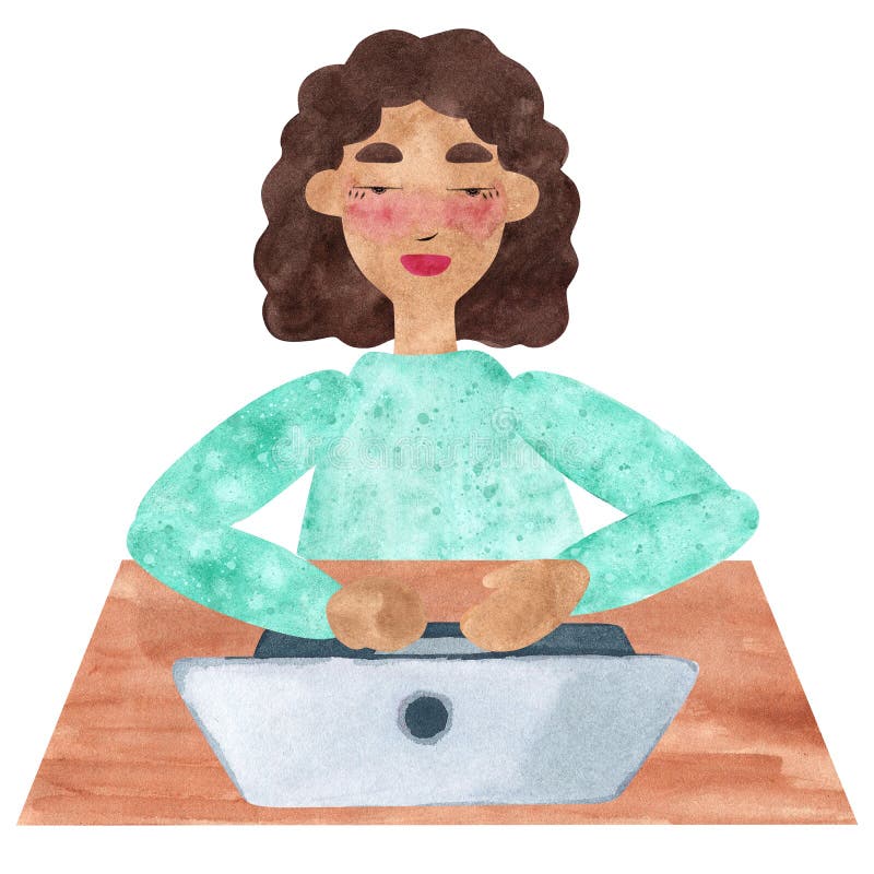 Una muchacha con el pelo rizado oscuro en el azul, trabajando en el ordenador portátil stock de ilustración Una muchacha con el pelo rizado oscuro en el azul, trabajando en el ordenador portátil stock de ilustración