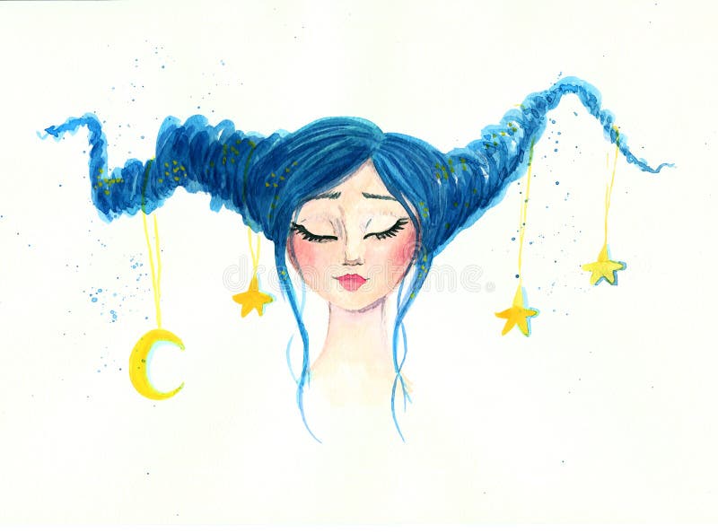 Una muchacha so?adora con la luna y las estrellas en su pelo libre illustration Una muchacha so?adora con la luna y las estrellas en su pelo libre illustration