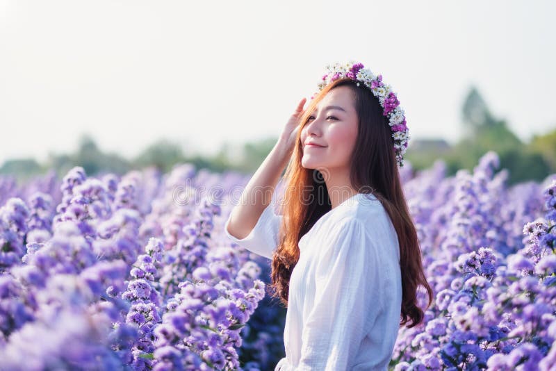 Portrait image of an asian woman in a beautiful Margaret flower field. Portrait image of an asian woman in a beautiful Margaret flower field