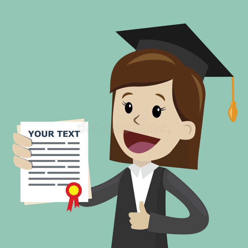 Una mujer en un control del traje un certificado del grado de universidad o Escuela de Negocios o diploma de la universidad ilustración del vector Una mujer en un control del traje un certificado del grado de universidad o Escuela de Negocios o diploma de la universidad ilustración del vector