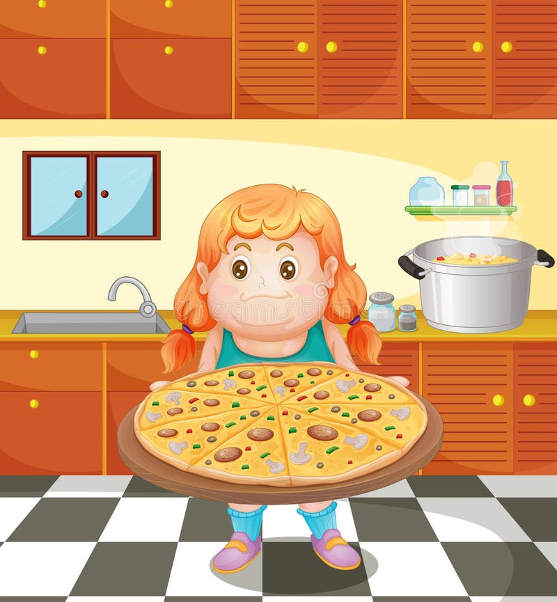 Una mujer joven gorda con una pizza stock de ilustración Una mujer joven gorda con una pizza stock de ilustración