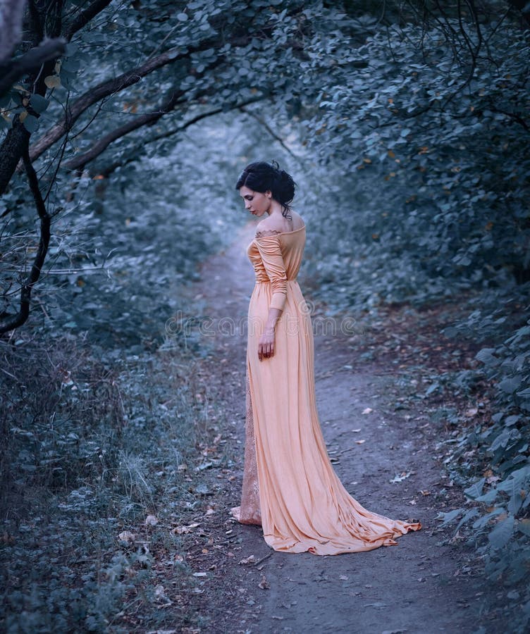 Una mujer morena joven con un elegante, peinado Una princesa en un vestido amarillo del vintage, soportes contra el contexto de foto de archivo libre de regalías Una mujer morena joven con un elegante, peinado Una princesa en un vestido amarillo del vintage, soportes contra el contexto de foto de archivo libre de regalías