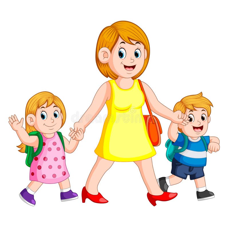 Una mujer que lleva a cabo sus manos de los niños para las acompaña a la escuela libre illustration Una mujer que lleva a cabo sus manos de los niños para las acompaña a la escuela libre illustration