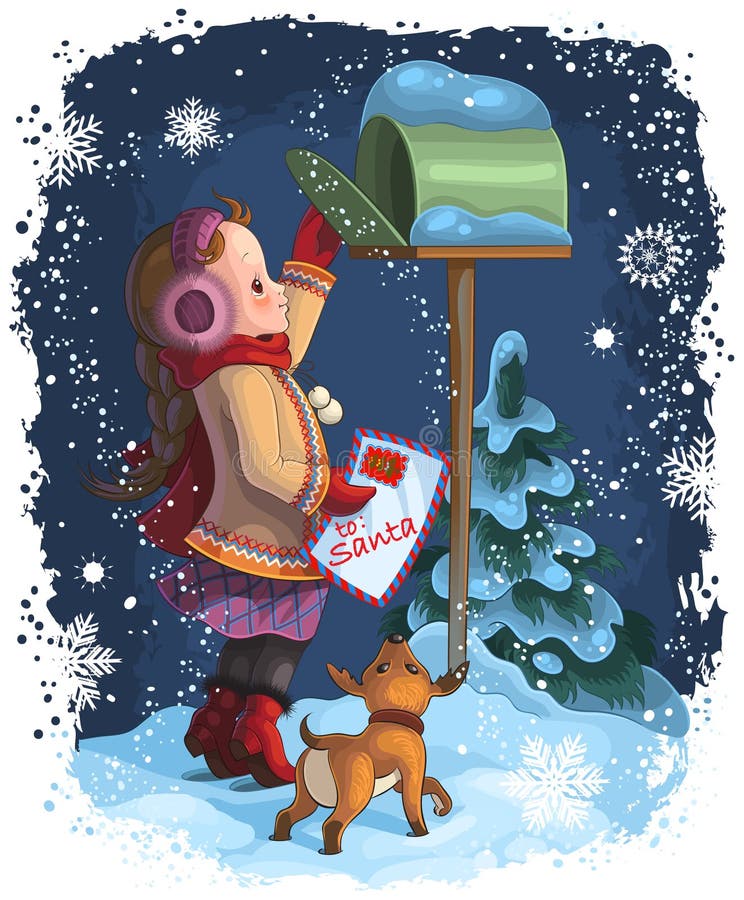 Una niña que fija una carta a Santa ilustración del vector Una niña que fija una carta a Santa ilustración del vector