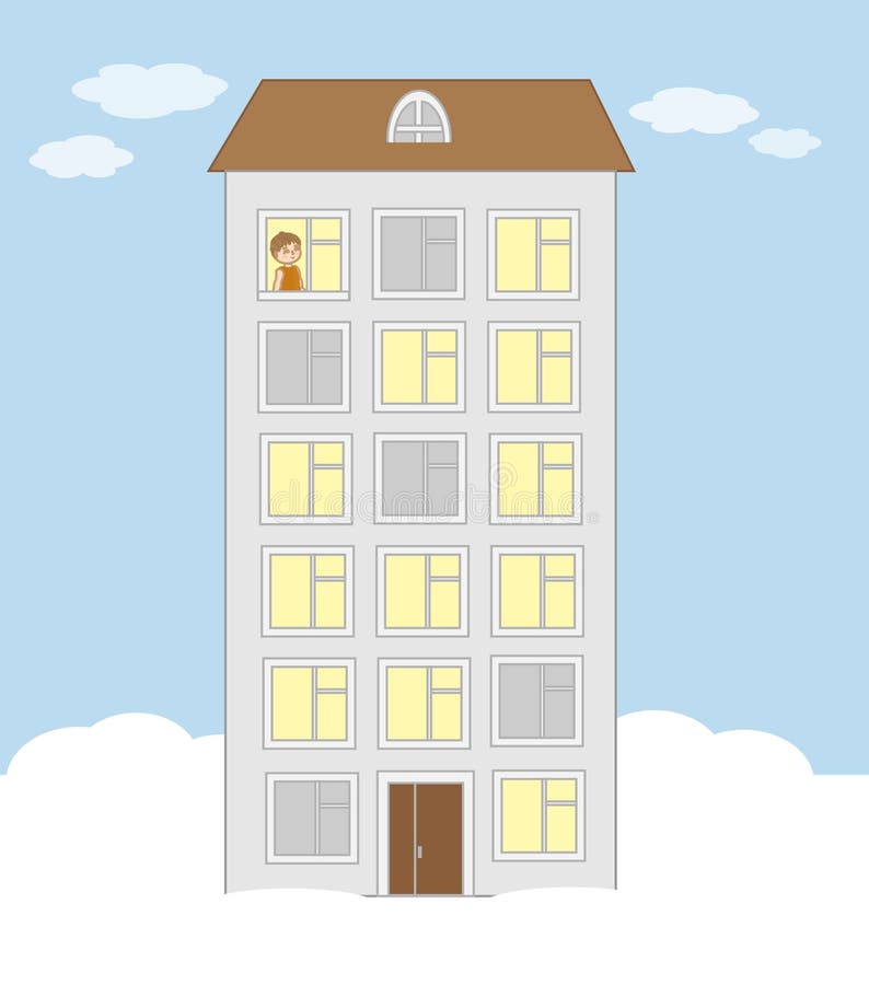 Una palazzina di appartamenti alta e un ragazzino guardano fuori il windo w illustrazione di stock Una palazzina di appartamenti alta e un ragazzino guardano fuori il windo w illustrazione di stock