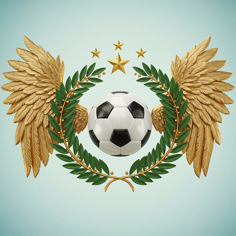 Una palla da calcio è circondata da ali d'oro e da una corona di lorel. Tre stelle d'oro illustrazione vettoriale