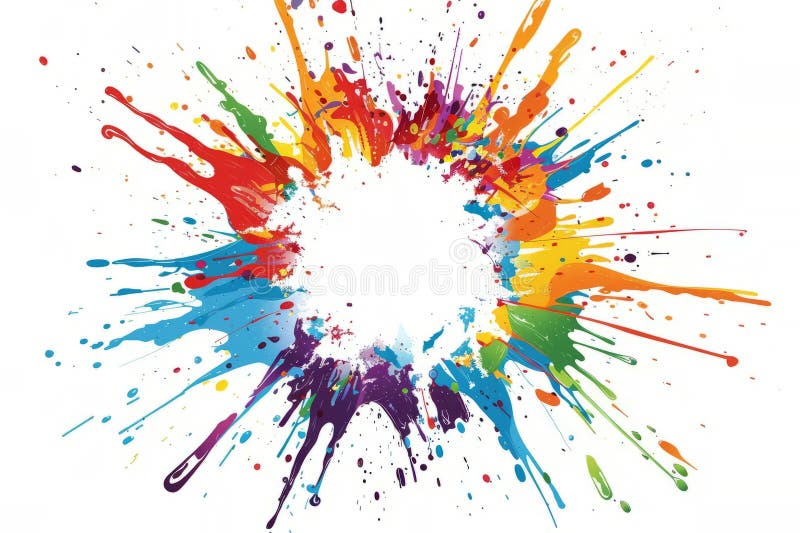 Una pallottola distrugge un dipinto colorato lasciando una tela bianca spruzzata di vernice. fotografia stock