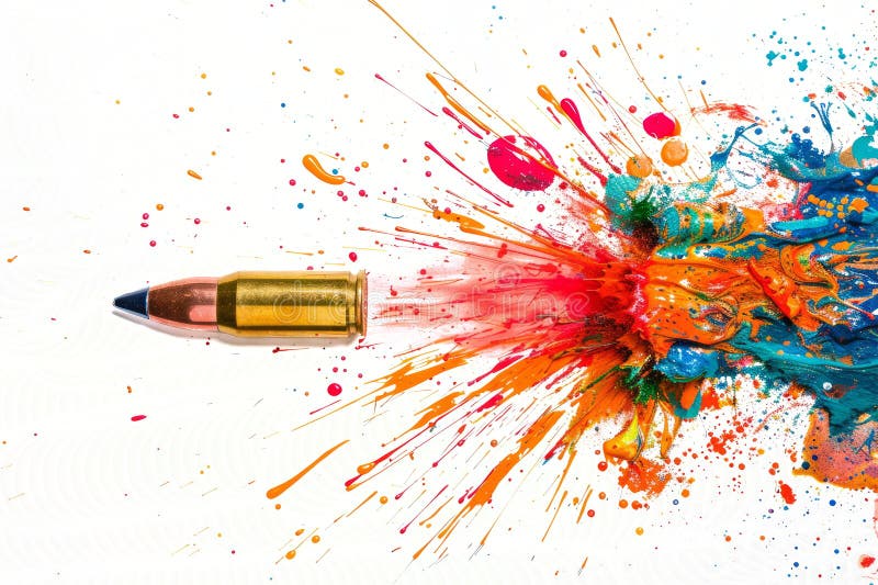 Una pallottola distrugge un dipinto colorato lasciando una tela bianca spruzzata di vernice. fotografie stock