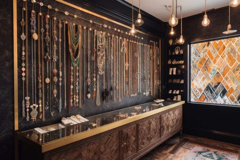 Una pared de joyas de aspecto espectacular con collares y pulseras colgando de las paredes. Una pared de joyas de aspecto visual con collares y pulseras colgando de las paredes creadas con ai generativo