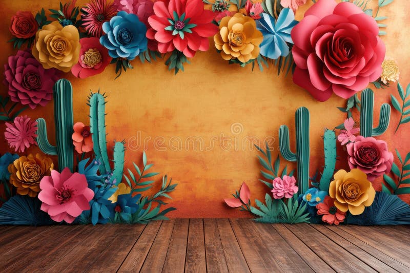 Una parete colorata con fiori e cactus immagine stock libera da diritti