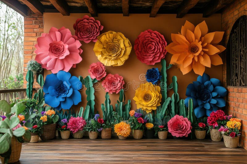 Una parete colorata di fiori e piante di carta fotografie stock libere da diritti