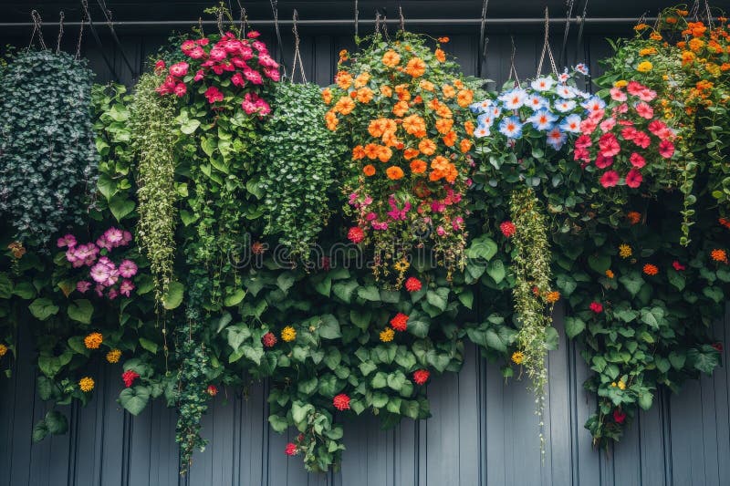 Una parete coperta di viti verdi e fiori colorati immagini stock libere da diritti