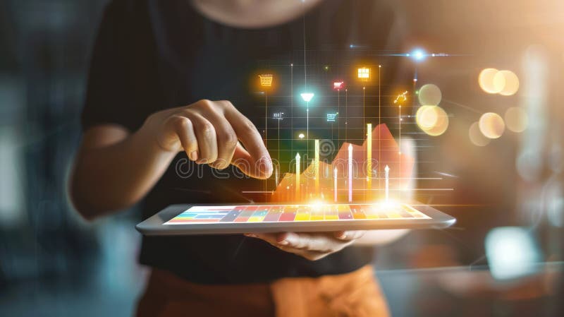 Una persona che tiene una tavoletta con un dashboard digitale che mostra lo stato di avanzamento illustrazione di stock