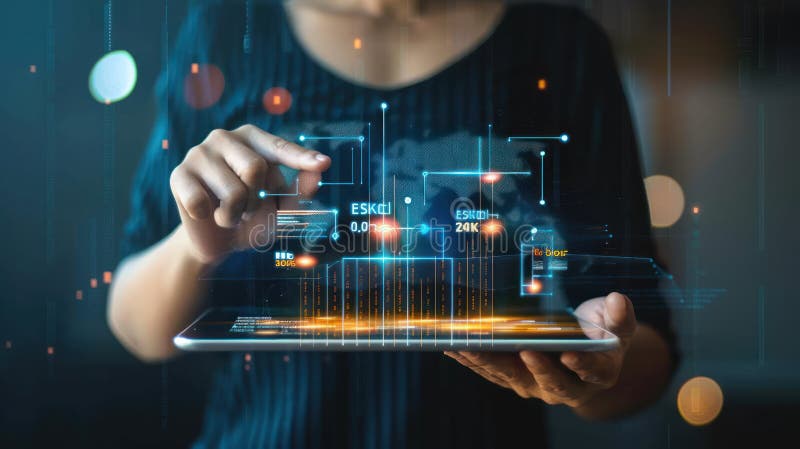 Una persona che tiene una tavoletta con un dashboard digitale che mostra lo stato di avanzamento illustrazione di stock