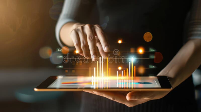 Una persona che tiene una tavoletta con un dashboard digitale che mostra lo stato di avanzamento illustrazione vettoriale