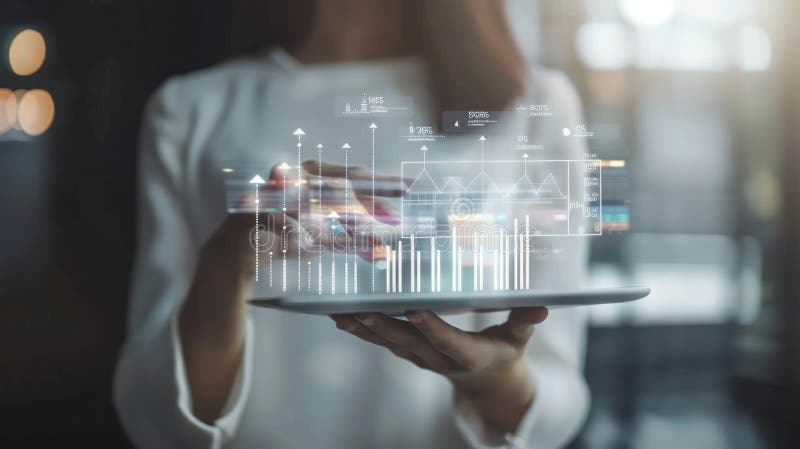 Una persona che tiene una tavoletta con un dashboard digitale che mostra lo stato di avanzamento illustrazione vettoriale
