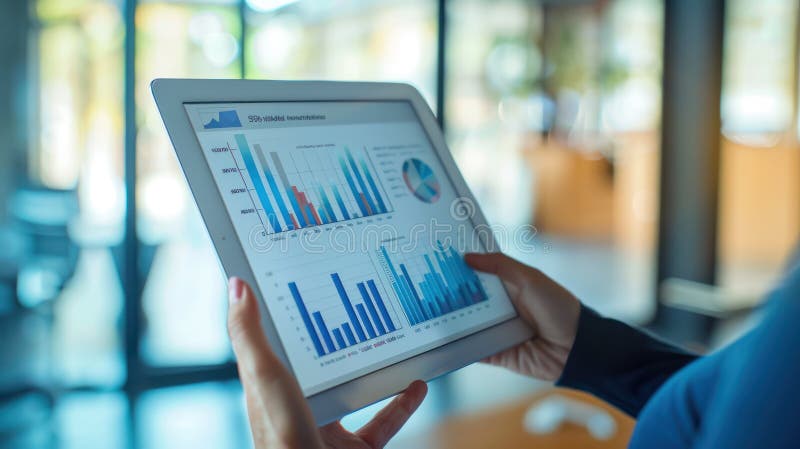 Una persona che tiene una tavoletta con un dashboard digitale che mostra lo stato di avanzamento illustrazione vettoriale