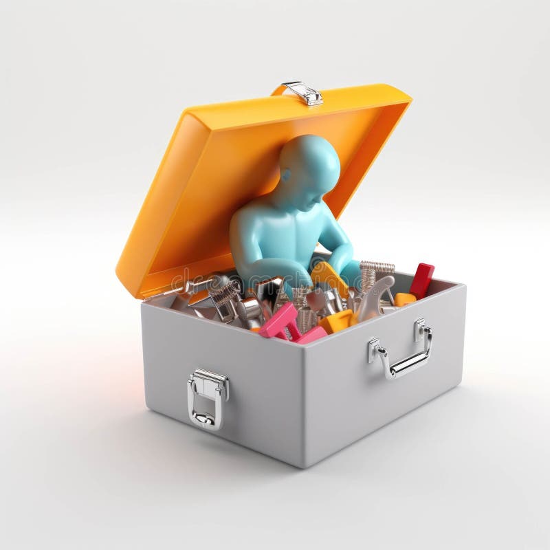 Una persona con una cassetta degli attrezzi piena di varie strategie di tubazione utilizzate per gestire pensieri intrusivi. emozi illustrazione vettoriale