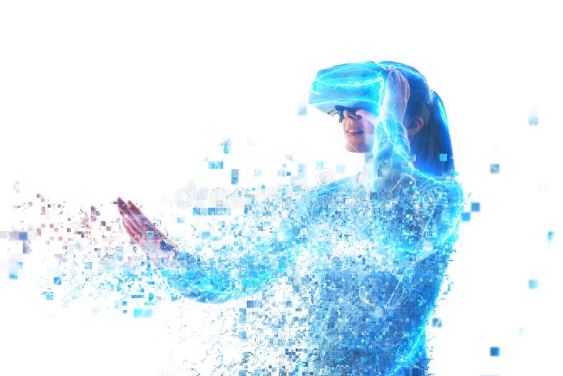 Una persona en vidrios virtuales vuela a los pixeles Concepto futuro de la tecnología foto de archivo Una persona en vidrios virtuales vuela a los pixeles Concepto futuro de la tecnología foto de archivo