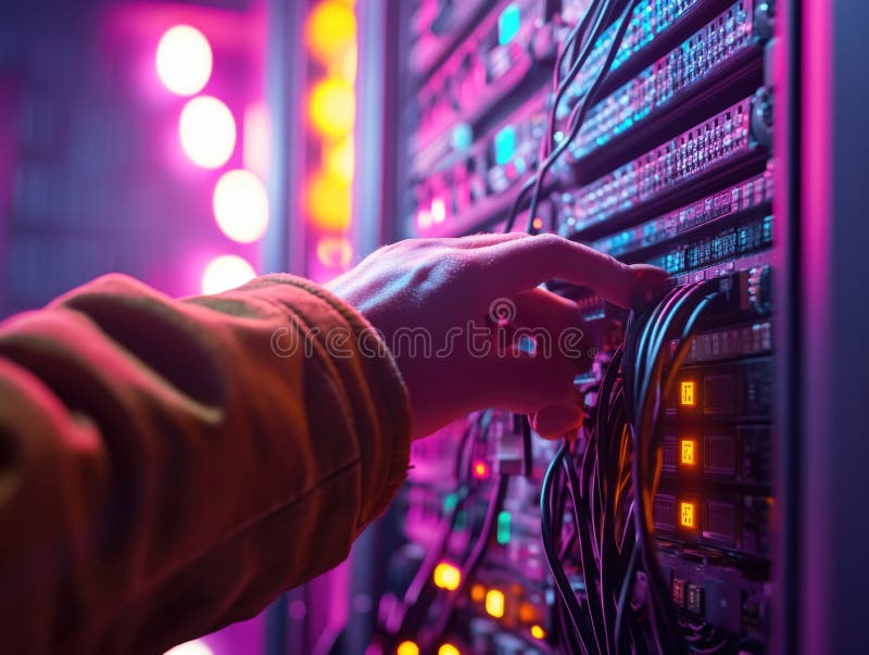 Una persona está buscando un cable en un servidor de computadoras. El servidor está iluminado con colores neones que le dan una apariencia futurista y de alta tecnología generada por IA