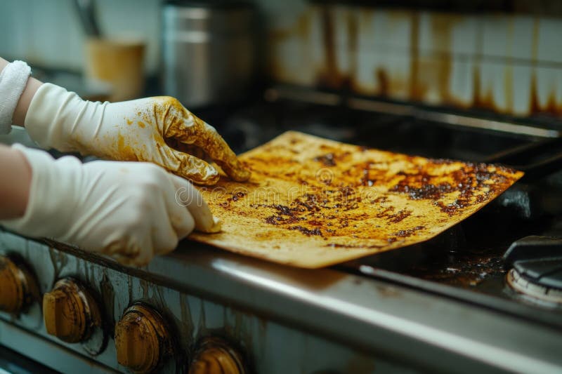 Una persona está cocinando en una estufa con una sartén sucia. La sartén está cubierta de comida quemada y la persona lleva guantes. La escena es algo desordenada y se genera IA antihigiénica