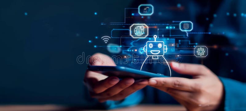 Una persona interactúa con un robot de chat ai en un smartphone con iconos holográficos y texto flotando sobre la pantalla futuris ilustración del vector