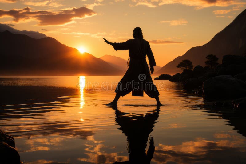 Una persona practicando tai chi al amanecer. ilustración del vector