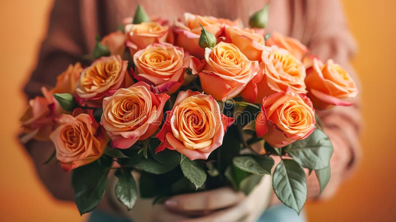 Una persona sostiene un ramo de rosas naranjas foto de archivo libre de regalías