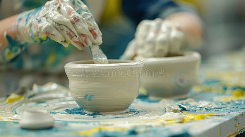 Una persona sta facendo ceramica su un tavolo con due ciotole illustrazione vettoriale