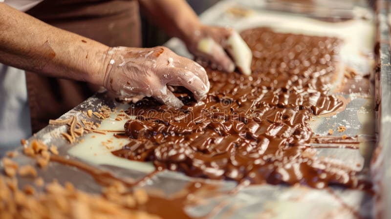 Una persona sta preparando caramelle al cioccolato ricoperte su un tavolo. la cioccolata è sparsa e la persona sta usando le mani per diffonderla. la scena è calda e invitante.