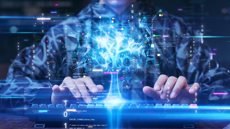 Una persona tecleando en un teclado con un árbol digital brillante que emerge de la pantalla simbolizando el crecimiento de foto de archivo libre de regalías