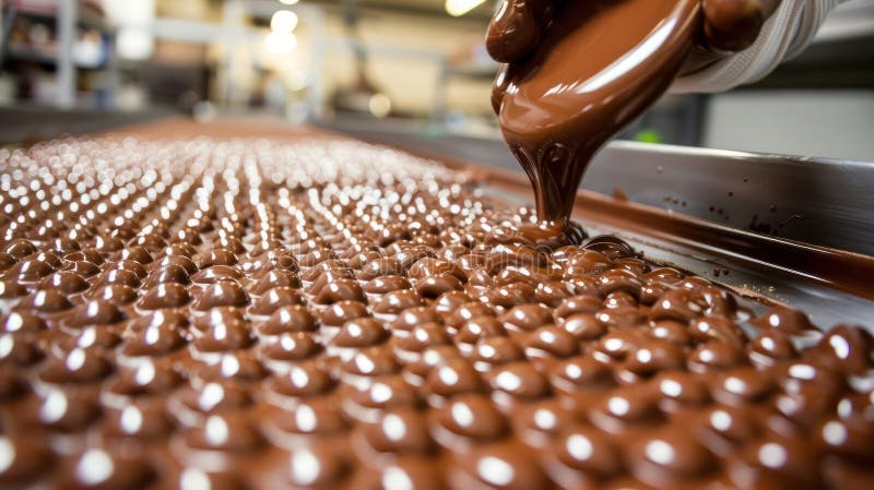 Una persona versa cioccolato su un nastro trasportatore illustrazione di stock