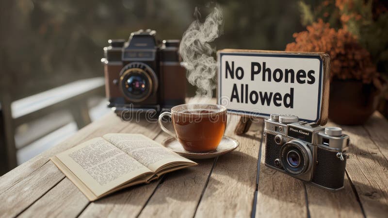Una piacevole scena in un caffè Rustic senza telefoni consentiti Disegno e videocamere Vintage sulla tavola di legno royalty illustrazione gratis