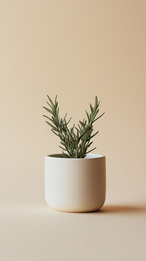 Una pianta minimalista di rosmarino generata in una pentola di ceramica bianca contro uno sfondo beige. illustrazione di stock
