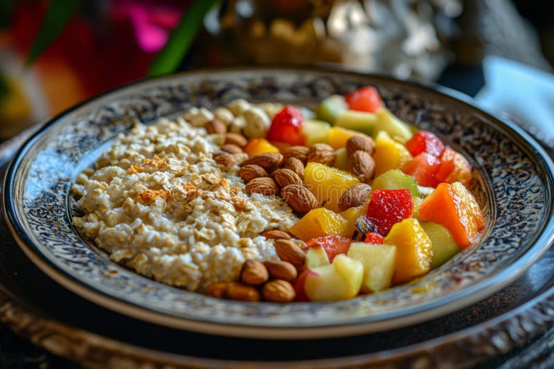 Una piastra vibrante presenta farina d'avena accompagnata da un assortimento colorato di frutta fresca e di noci croccanti ideale fotografia stock libera da diritti