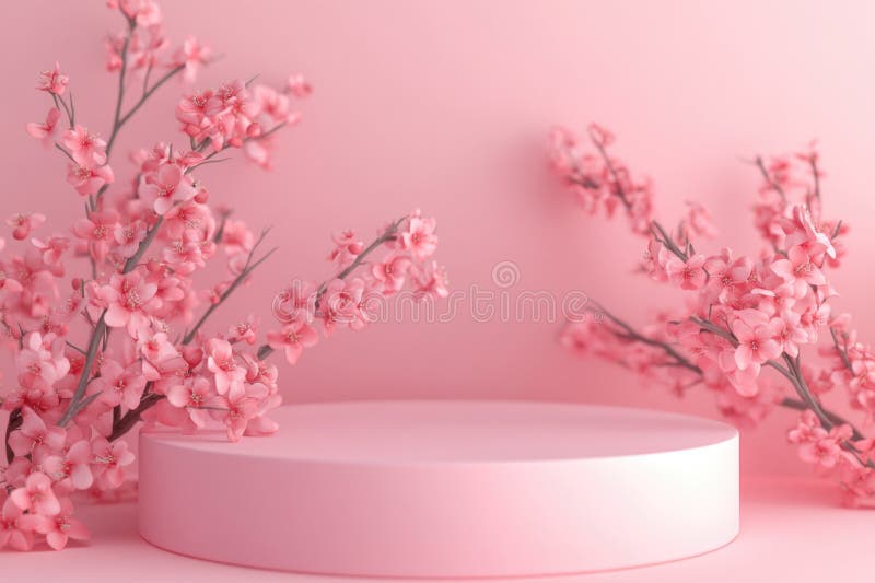 Una piattaforma bianca circondata da fiori rosa su uno sfondo rosa fotografia stock